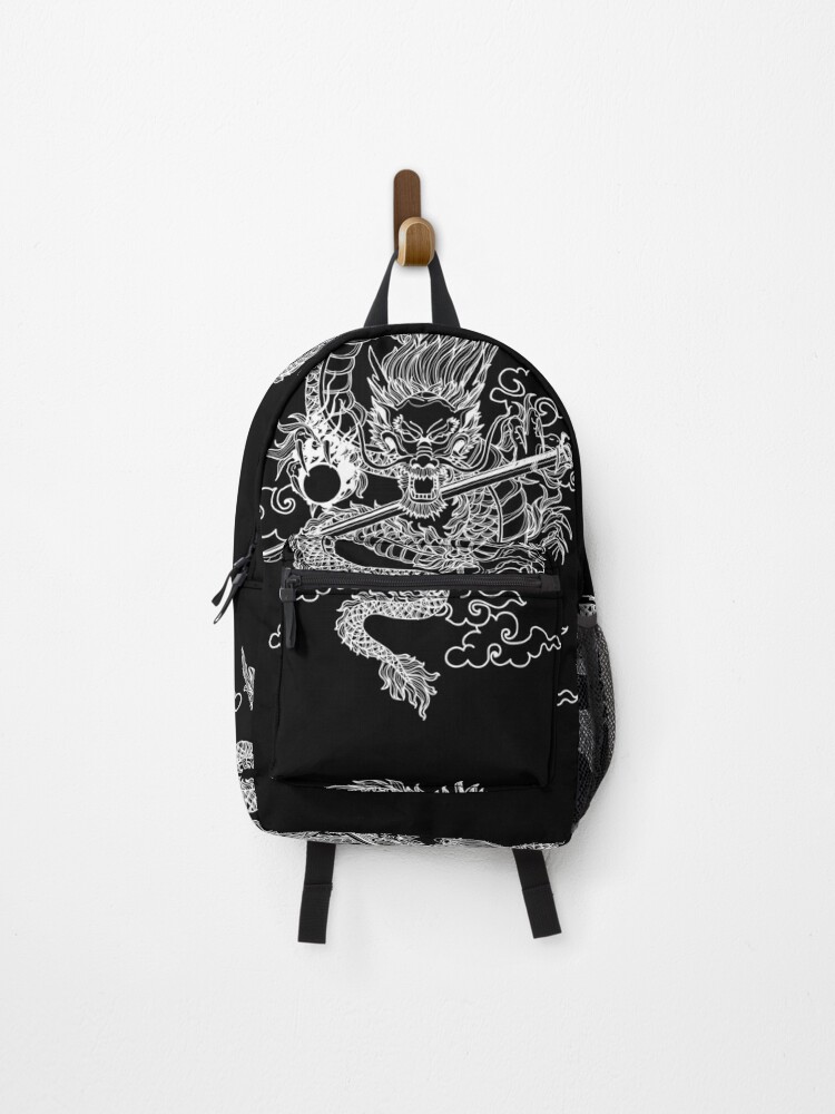 Backpack, White Chinese Dragon with Black Background designed and sold by SoccaTamam