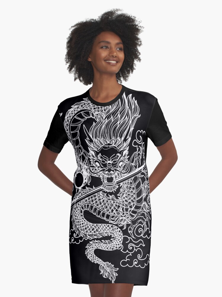 White Chinese Dragon with Black Background" Graphic T-Shirt Dress for by SoccaTamam | Redbubble