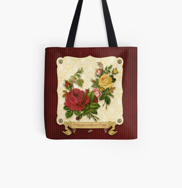 Loving You Makes Me Happy Elegant Roses Damask All Over Print Tote Bag
