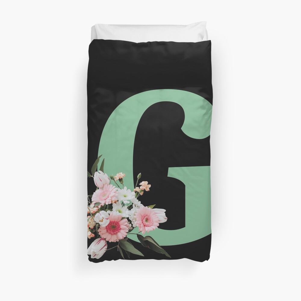 Letter G green with colorful flowers Duvet Cover
