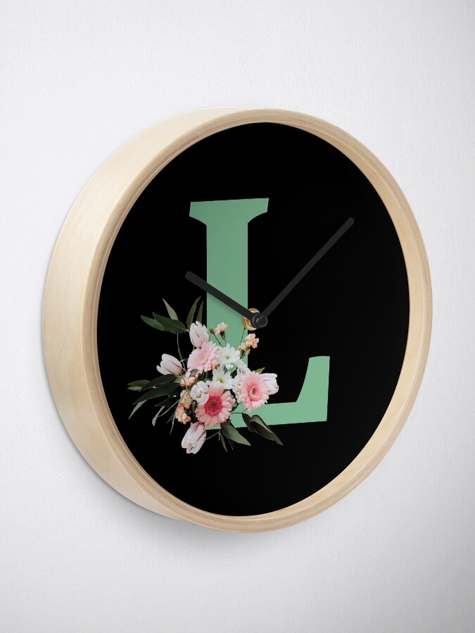 Alternate view of Letter L green with colorful flowers Clock