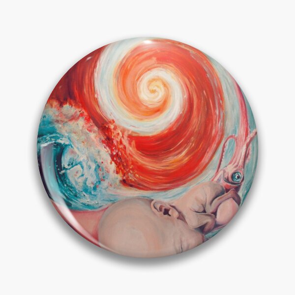 Artikelvorschau, Spirale aus Wasser und Feuer, Lava und Meer, Baby in Riesenkalmar, surreale Designkunst, blaue und rote Tondo-Malerei, warm und kalt entworfen und verkauft von Mariuki Flow.