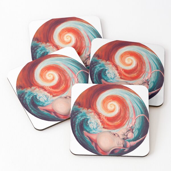 Item preview, spiral of water and fire, lava and sea, baby in giant squid, surreal design art, blue and red tondo painting, warm and cold designed and sold by Mariuki Flow.