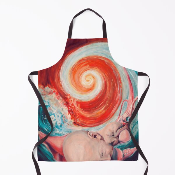 Artikelvorschau, Spirale aus Wasser und Feuer, Lava und Meer, Baby in Riesenkalmar, surreale Designkunst, blaue und rote Tondo-Malerei, warm und kalt entworfen und verkauft von Mariuki Flow.