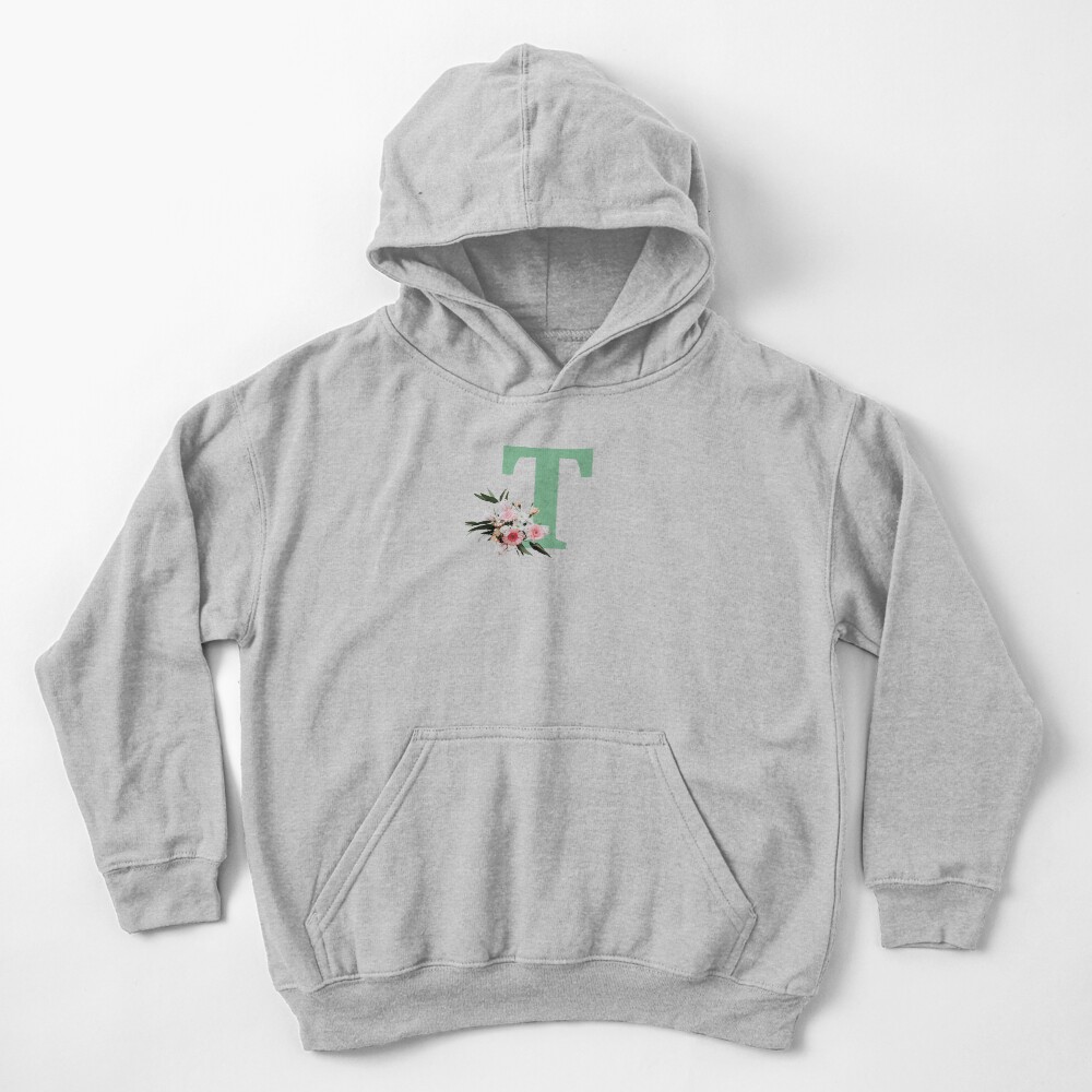 Letter T green with colorful flowers Kids Pullover Hoodie