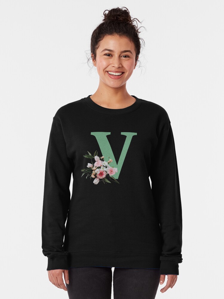Alternate view of Letter V green with colorful flowers Pullover Sweatshirt