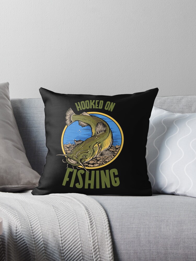 Funny Catfish Fishing Gear Hooked on Fishing design | Throw Pillow