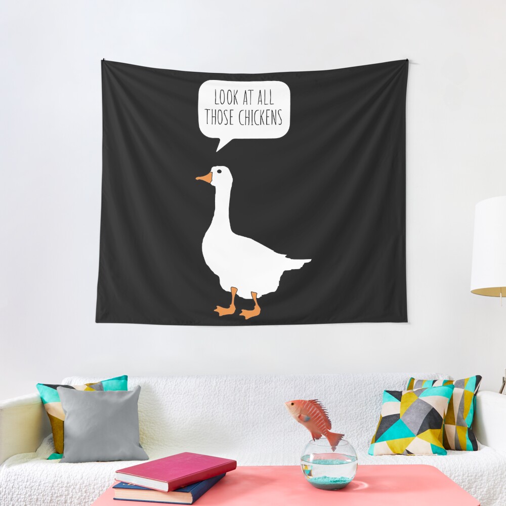 "Funny Honk Goose Look At All Those Chickens Meme Dad Jokes" Tapestry
