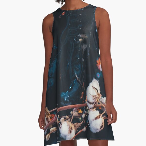 black boots and cotton flower A-Line Dress