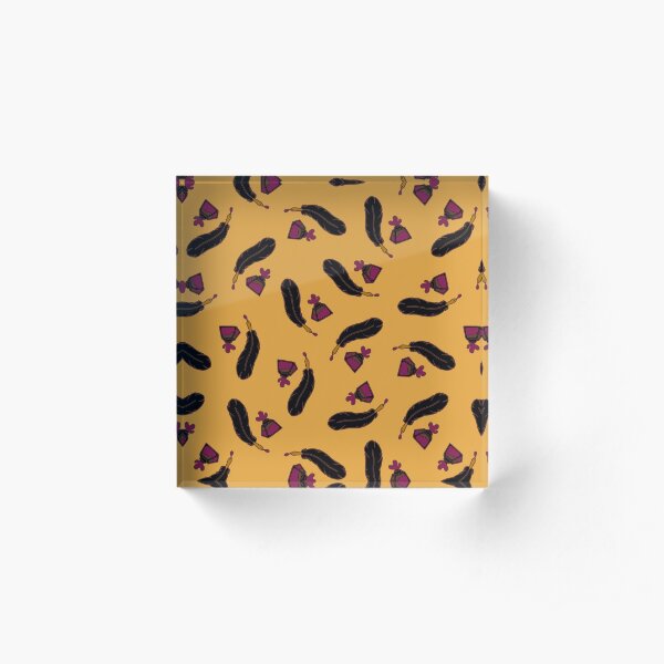Raven Feather Quills and Ink Pattern on Mustard Acrylic Block