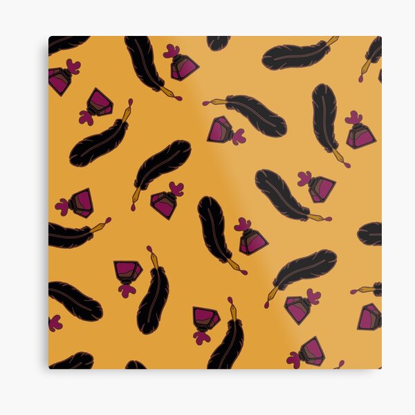 Raven Feather Quills and Ink Pattern on Mustard Metal Print