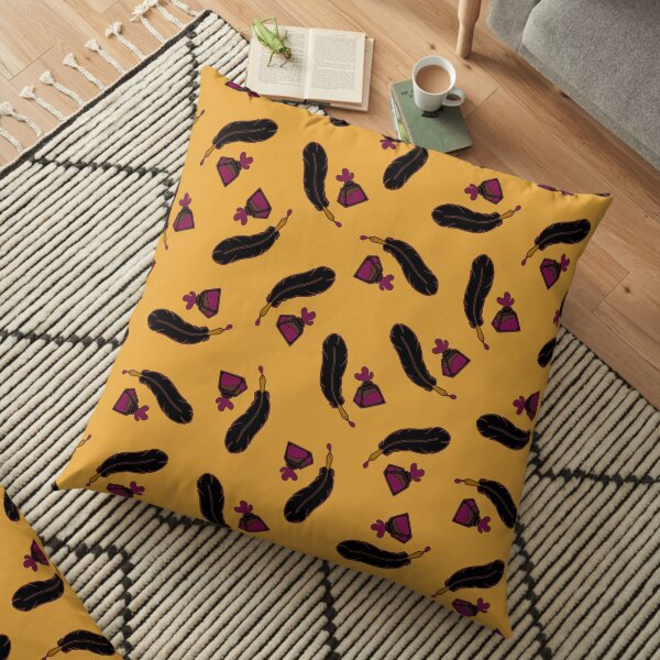 Raven Feather Quills and Ink Pattern on Mustard Floor Pillow