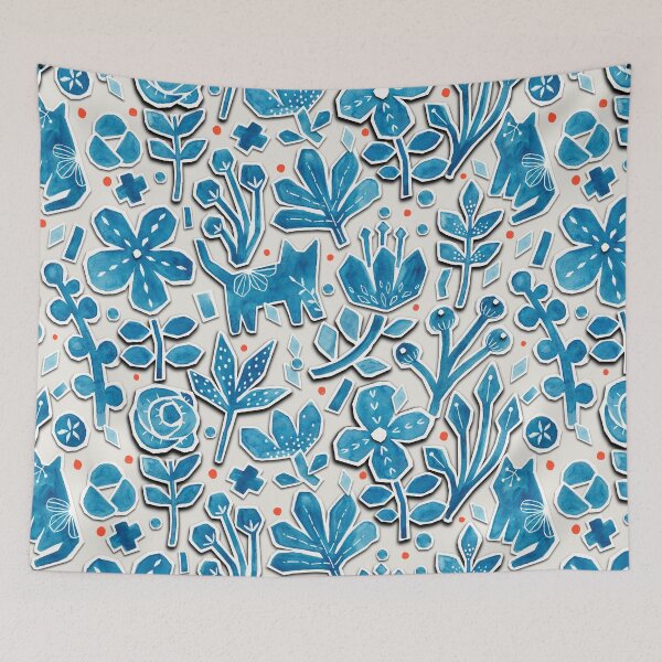 Item preview, Paper cut blue watercolor cats and flowers. Cute cat hand drawn illustration designed and sold by kostolom3000.
