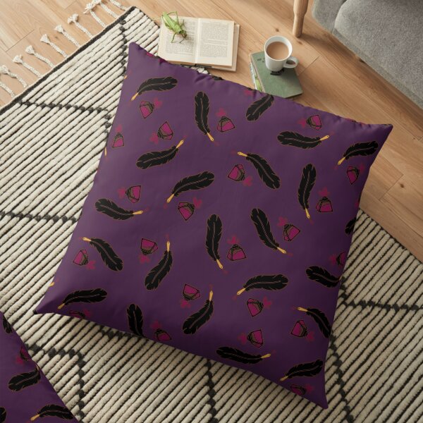 Raven Feather Quills and Ink Pattern on Plum Floor Pillow