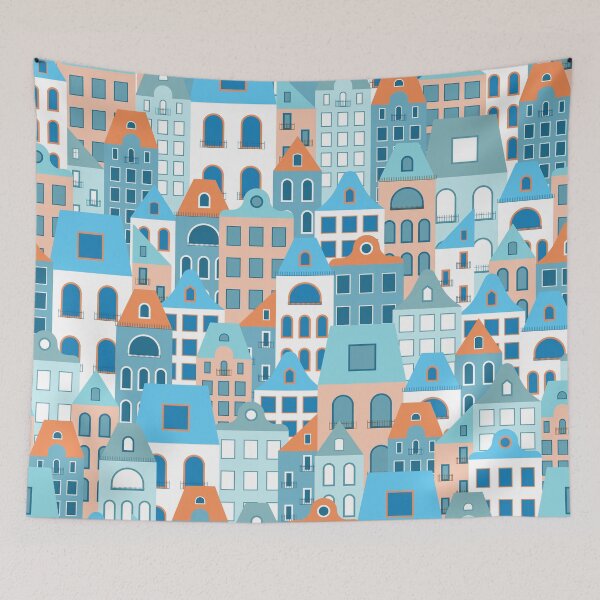 Item preview, Modern City Landscape Cartoon Buildings Blue White Brown designed and sold by IamTrending.