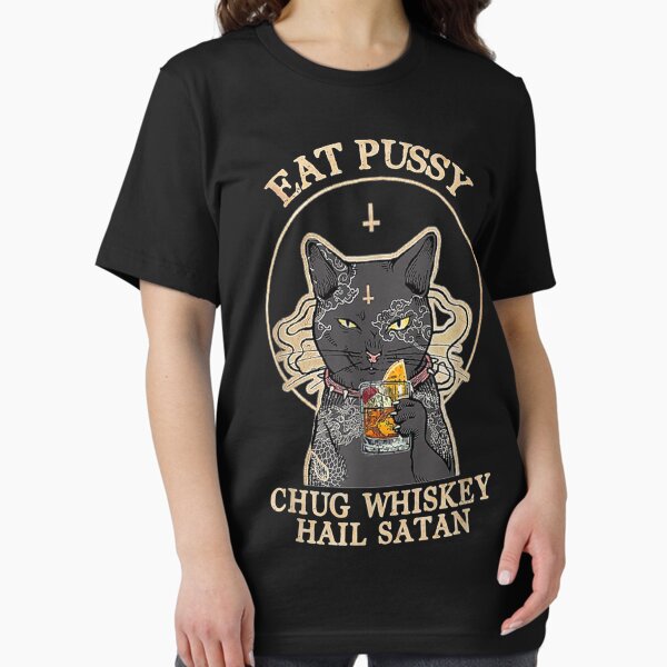 Item preview, Eat Pussy Chug Whiskey Hail Satan Black Cat Satan Tattoo designed and sold by Vivarshop.