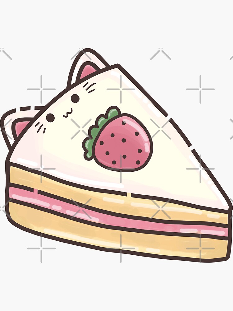 Kawaii Cat Eating a Slice of Strawberry Cake  Sticker for Sale by  Sereneluna