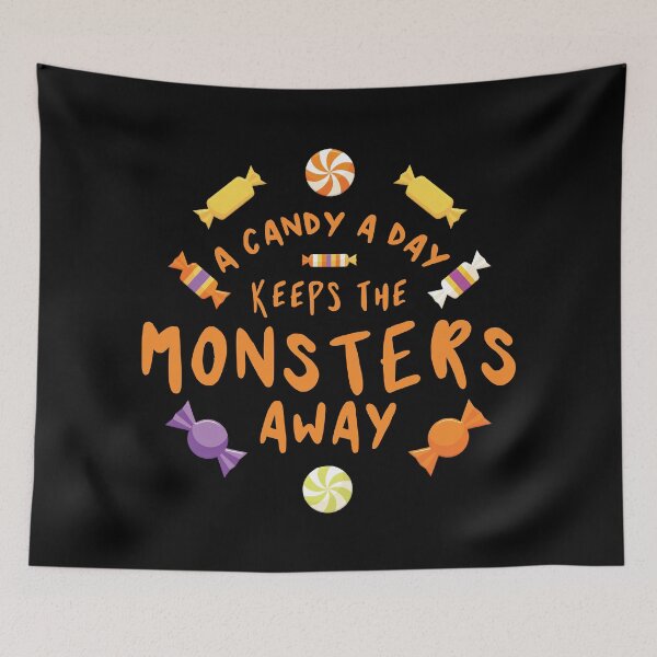 Item preview, A candy a day keeps the monsters away - Halloween quote and spooky halloween monsters - Black designed and sold by LookFrog.