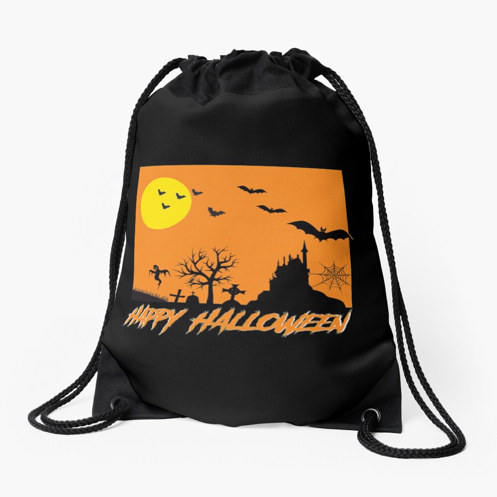 Moonlit Haunted House Ghost Bat Cobweb Gravestone. Drawstring Bag