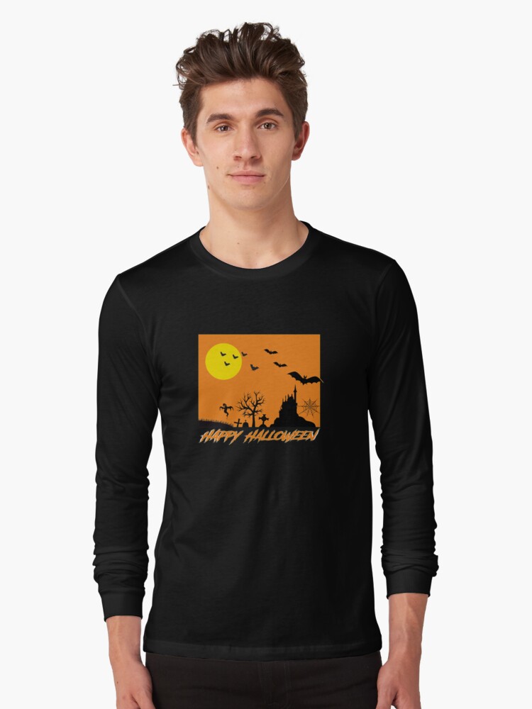 Thumbnail 1 of 5, Long Sleeve T-Shirt, Moonlit Haunted House Ghost Bat Cobweb Gravestone. designed and sold by maxxexchange.