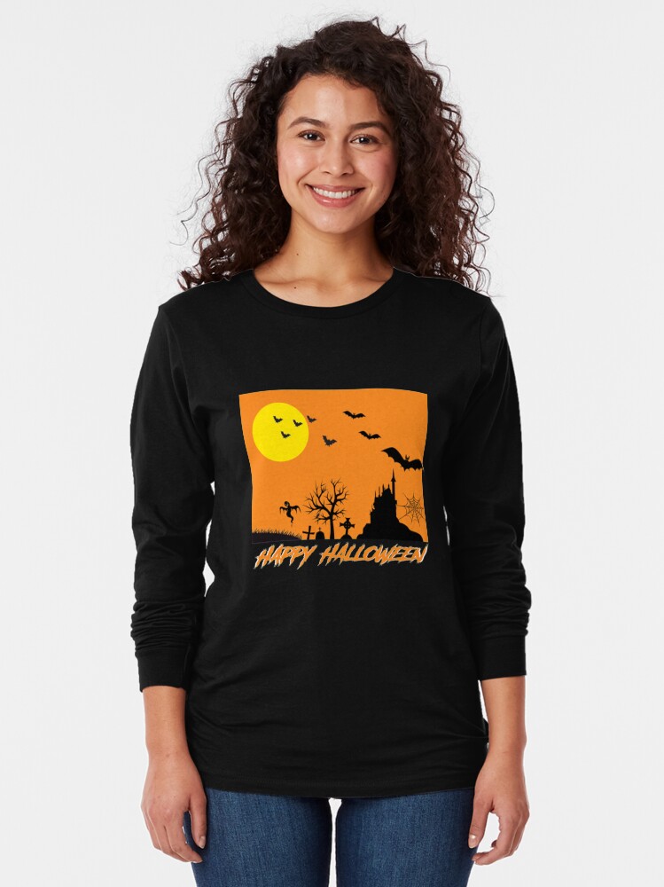 Thumbnail 2 of 5, Long Sleeve T-Shirt, Moonlit Haunted House Ghost Bat Cobweb Gravestone. designed and sold by maxxexchange.
