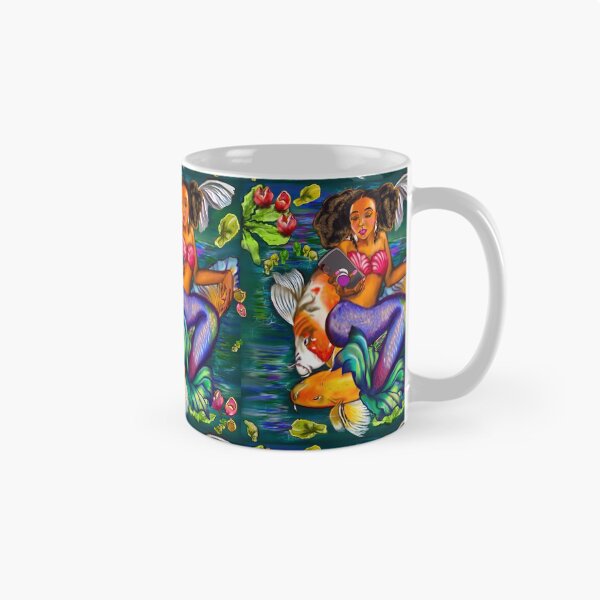 Item preview, Mermaid checking her phone with Koi fish in koi pond with plants and flowers designed and sold by Artonmytee.