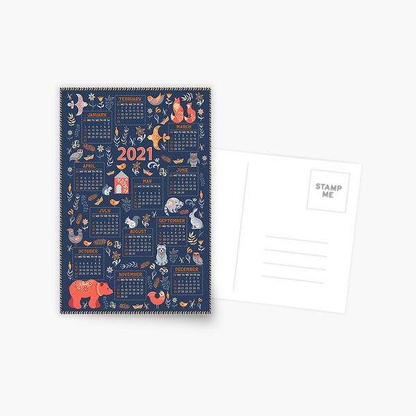 Calendar for 2021 in Scandinavian style. Postcard