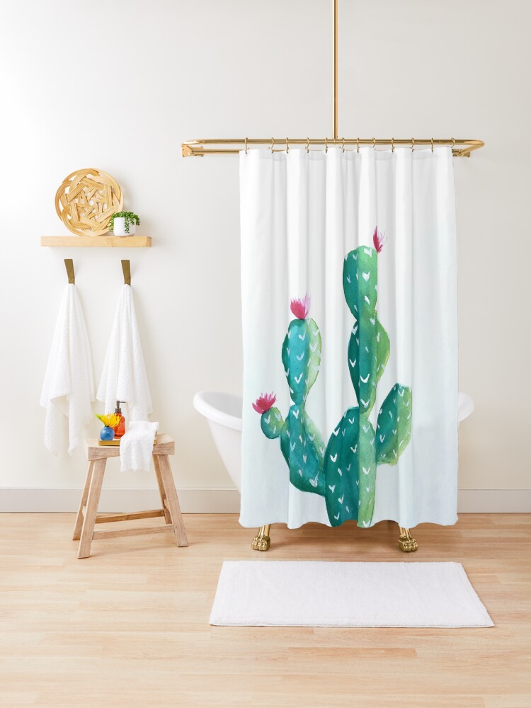 Thumbnail 1 of 5, Shower Curtain, Hedgehog Cactus Watercolour designed and sold by JenieYolland.