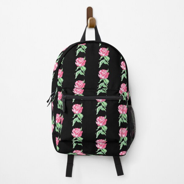 Item preview, Hand-painted watercolor pink peony with green leaves on the black background designed and sold by sentimentalica.