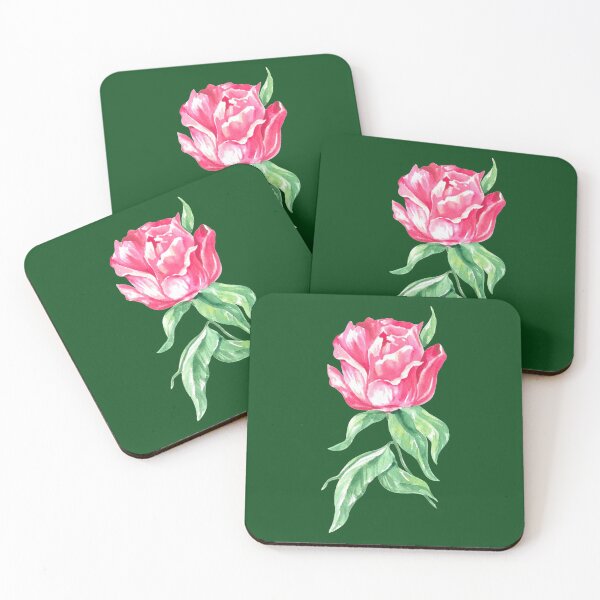 Item preview, Hand-painted watercolor pink peony with green leaves on the dark green background designed and sold by sentimentalica.