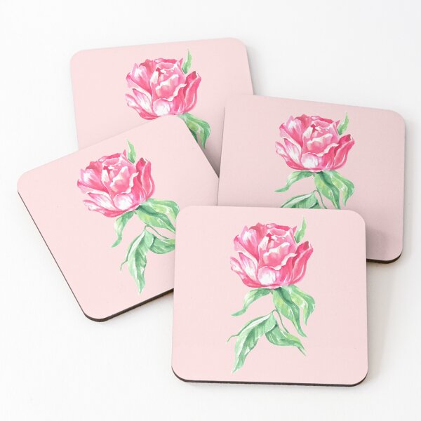 Item preview, Hand-painted watercolor pink peony with green leaves on the pale pink background designed and sold by sentimentalica.