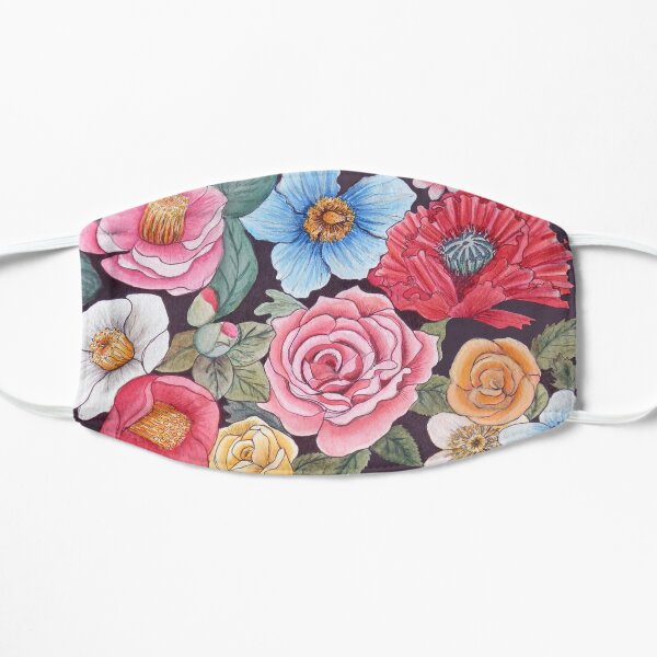Bees and flowers, Floral art, ft poppies, roses, camellia in watercolor Mask