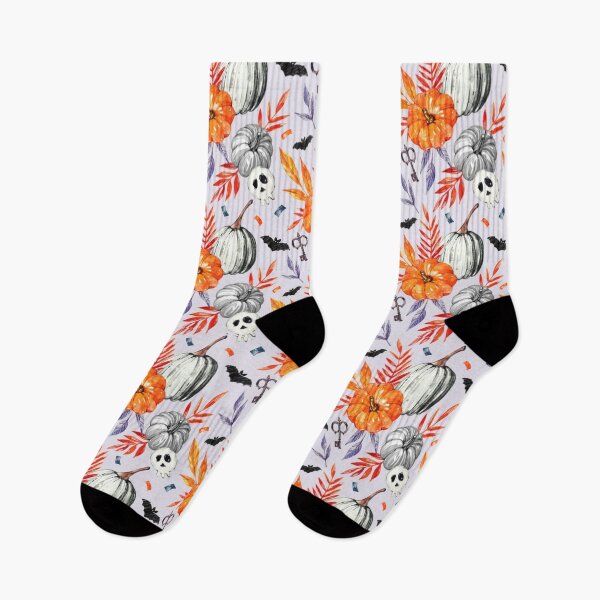 Item preview, Lilac, grey, orange Halloween watercolor pattern, boo, trick or treat, pumpkin, black cat, skull, spider web, witch stick, bat, witch hat, latest Halloween bestselling, trending designed and sold by August-E.