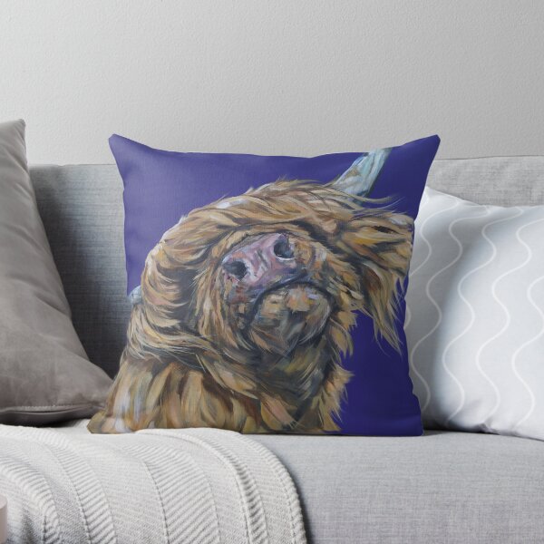 Moos Like Jagger. Highland cow, Heilan Scottish coo art by award-winning UK artist Sam Fenner Throw Pillow