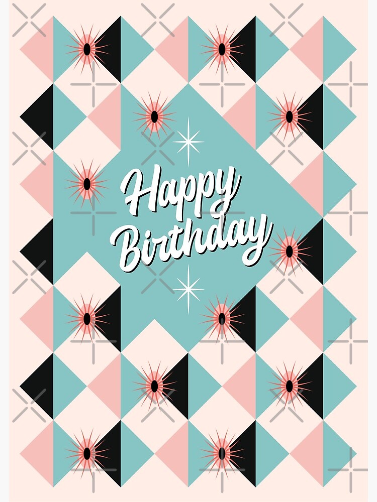 Thumbnail 2 of 2, Greeting Card, Happy Birthday - MCM Atomic Sunburst Blocks Mint Green Pink designed and sold by Pinkdeer.