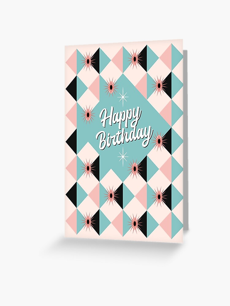 Thumbnail 1 of 2, Greeting Card, Happy Birthday - MCM Atomic Sunburst Blocks Mint Green Pink designed and sold by Pinkdeer.