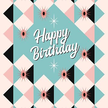 Artwork thumbnail, Happy Birthday - MCM Atomic Sunburst Blocks Mint Green Pink by Pinkdeer Designs