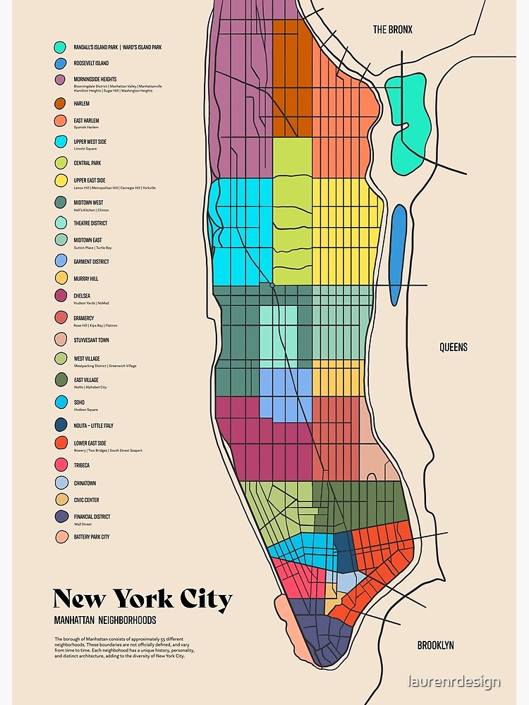 NYC Manhattan Neighborhood, Colored Map Illustration Premium Matte 