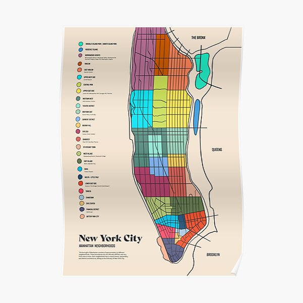 NYC Manhattan Neighborhood, Colored Map Illustration Poster