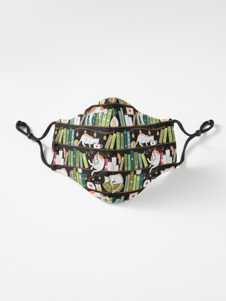 Alternate view of Library cats - whimsical cats on the book shelves Mask