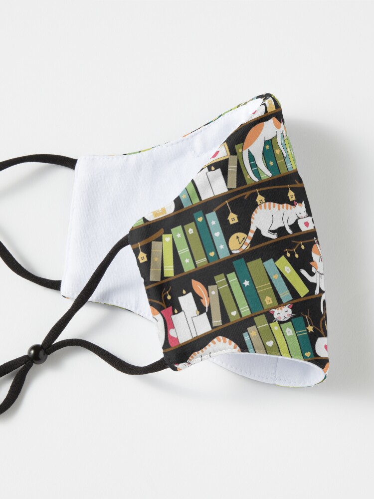 Alternate view of Library cats - whimsical cats on the book shelves Mask