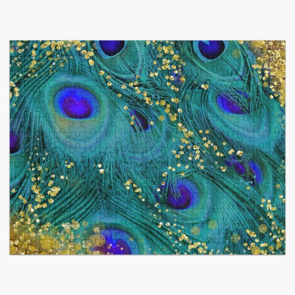 Dreamy peacock feathers, teal and purple, glimmering gold Jigsaw Puzzle