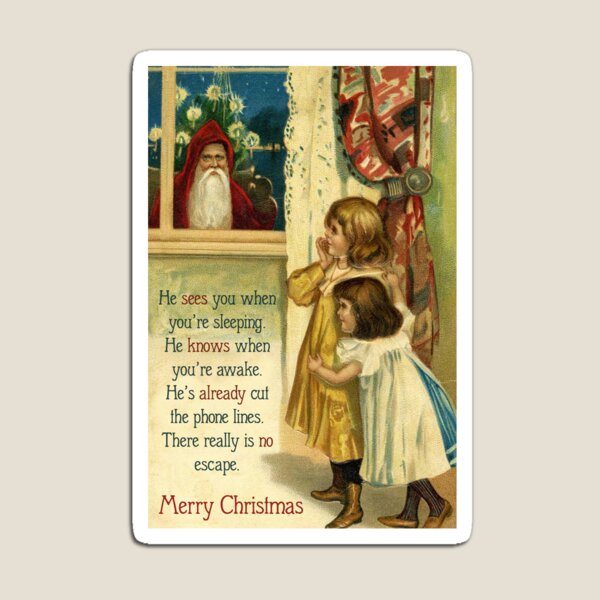 Aperçu de l'œuvre Il vous voit quand vous dormez - Carte de Noël vintage drôle et méchante créée et vendue par ToruandMidori.