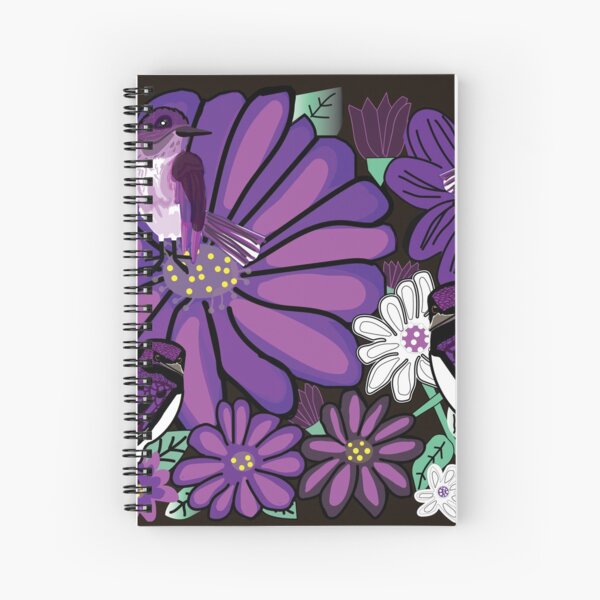 Purple birds and Asters Flowers Spiral Notebook