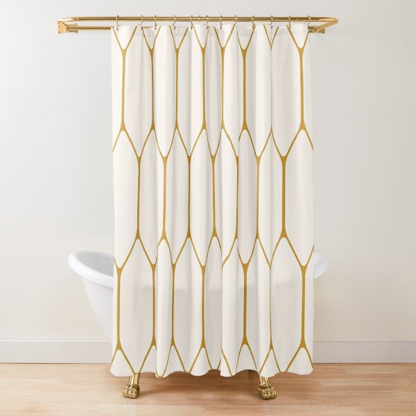 Blue and Yellow Shower Curtain and Bath Mat with Geometric Pattern