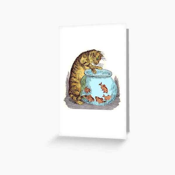 Funny Antique Drawing of a Cat and a Goldfish Bowl | Greeting Card
