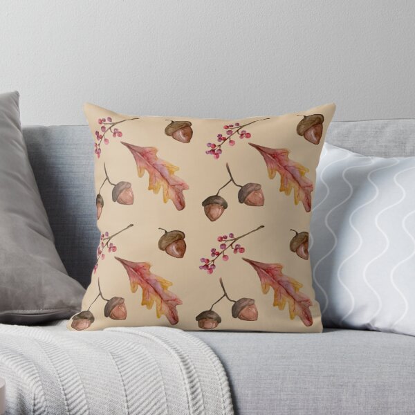 Watercolor Fall pattern with Oak Leaves and Acorns Throw Pillow