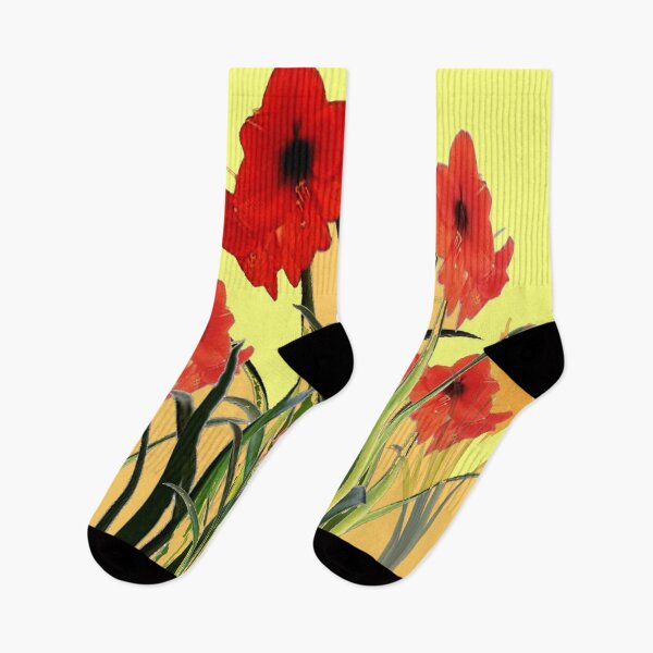 Item preview, mustard yellow color art red-orange  amaryllis garden art designed and sold by sharlesart.