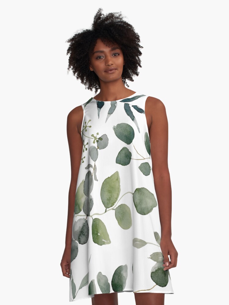 Thumbnail 1 of 4, A-Line Dress, Eucalyptus Multi designed and sold by aliawallco.