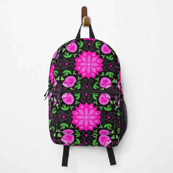 Item preview, Flower, Leaf and Heart Pattern in Bright Pink and Green on Black designed and sold by CottoVerdi.